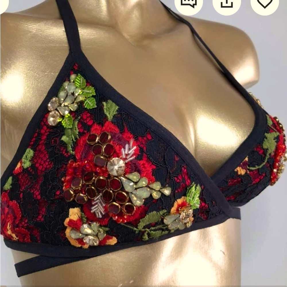 Bikini bra 👙 crisscross floral  black and red festive lace